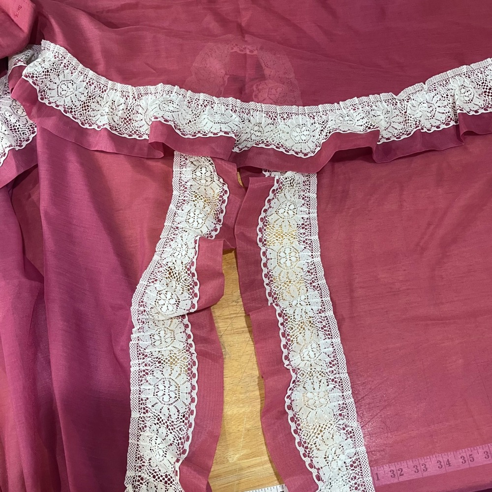 Vtg Burgundy Split Shower Curtain w/ Valance White Lace Trim Victorian 70x72"